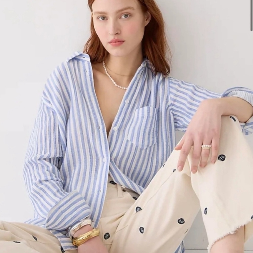 J Crew Striped Baby Blue & White Gauze Cotton Button Down Long Sleeve Shirt Sz 2